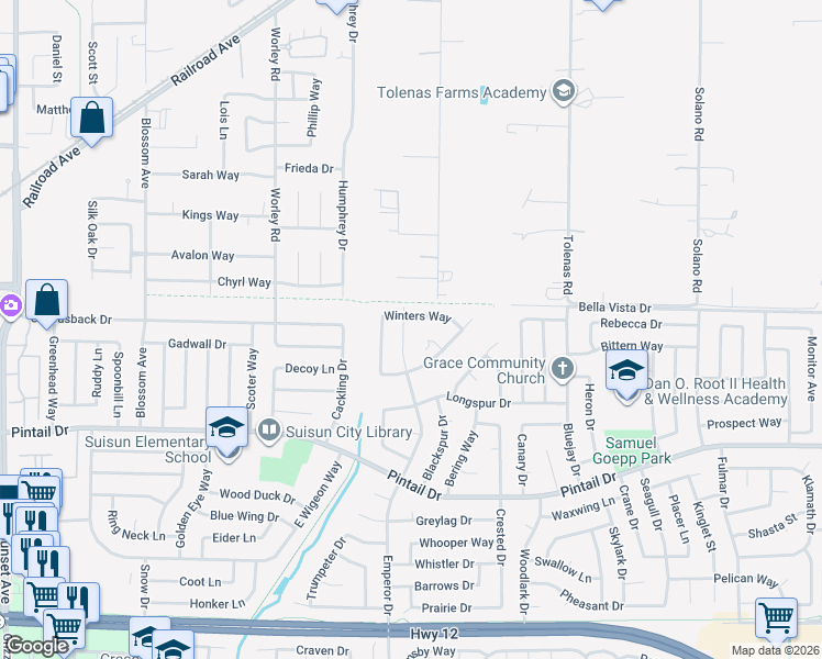 map of restaurants, bars, coffee shops, grocery stores, and more near 1017 Winters Way in Suisun City