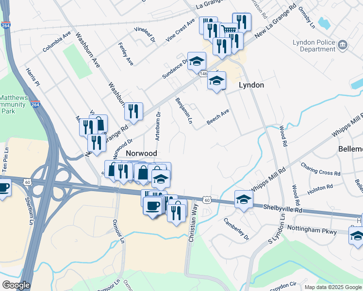 map of restaurants, bars, coffee shops, grocery stores, and more near 313 Hidden Oak Way in Louisville