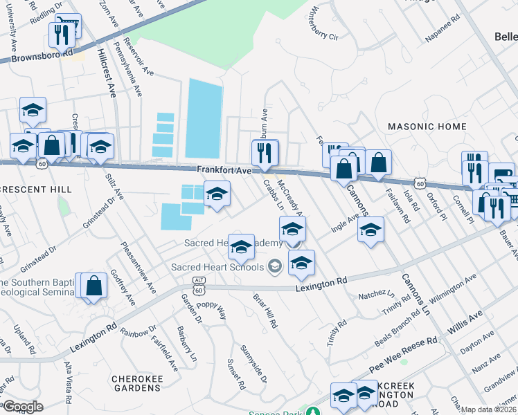 map of restaurants, bars, coffee shops, grocery stores, and more near 60 Eastover Court in Louisville