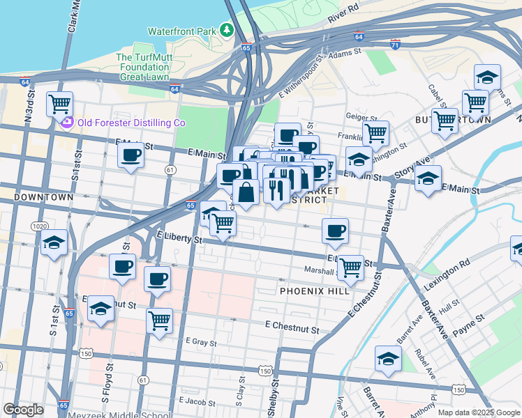 map of restaurants, bars, coffee shops, grocery stores, and more near 222 South Clay Street in Louisville