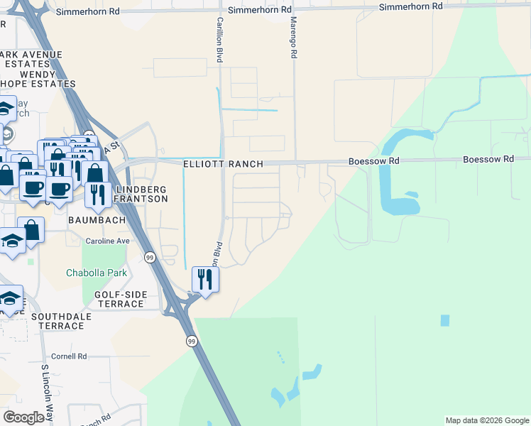 map of restaurants, bars, coffee shops, grocery stores, and more near 10850 Boessow Road in Galt