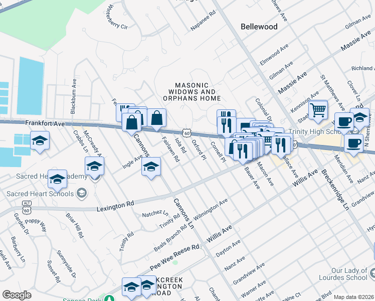 map of restaurants, bars, coffee shops, grocery stores, and more near 113 Oxford Place in Louisville