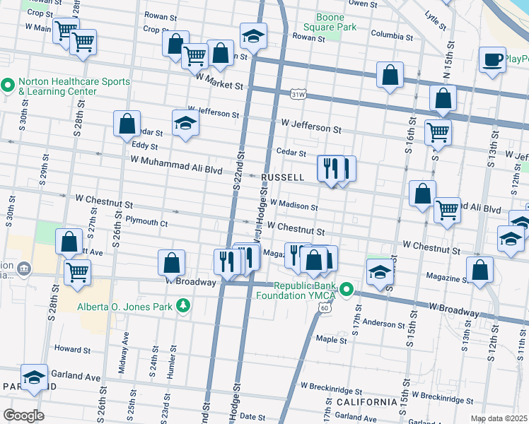 map of restaurants, bars, coffee shops, grocery stores, and more near 543 Doctor West J Hodge Street in Louisville