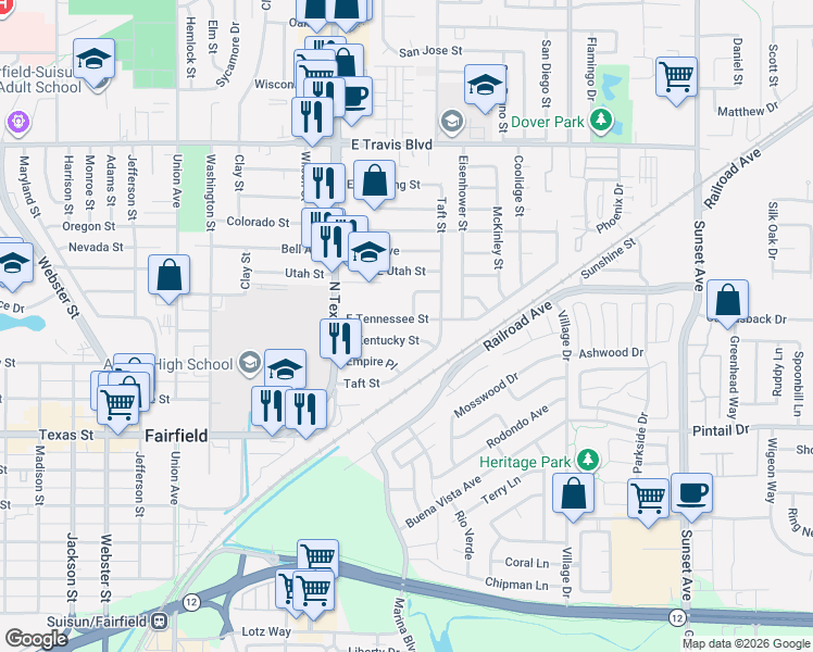 map of restaurants, bars, coffee shops, grocery stores, and more near 300 East Tennessee Street in Fairfield
