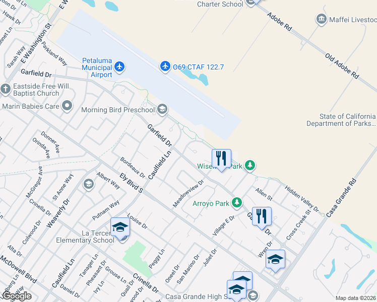 map of restaurants, bars, coffee shops, grocery stores, and more near 2107 Saint Augustine Circle in Petaluma