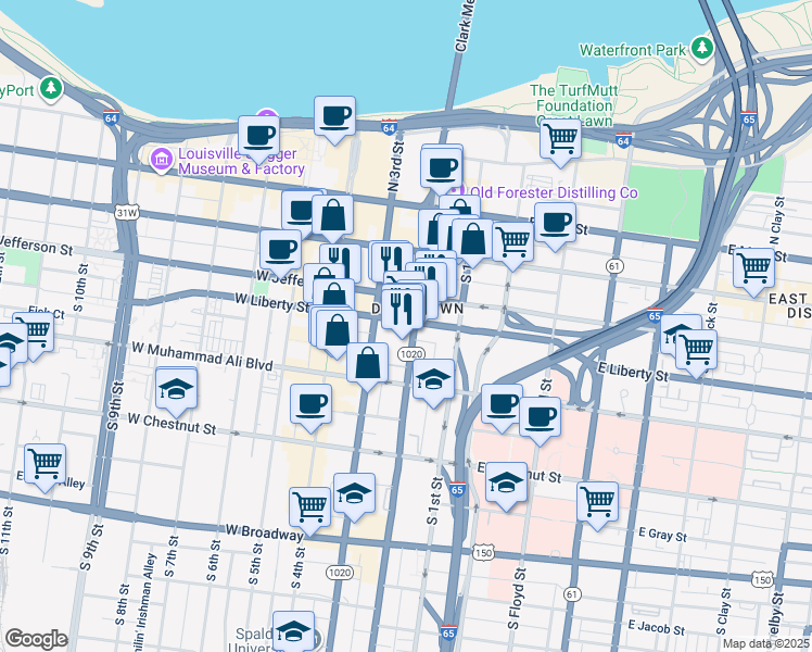 map of restaurants, bars, coffee shops, grocery stores, and more near in Louisville