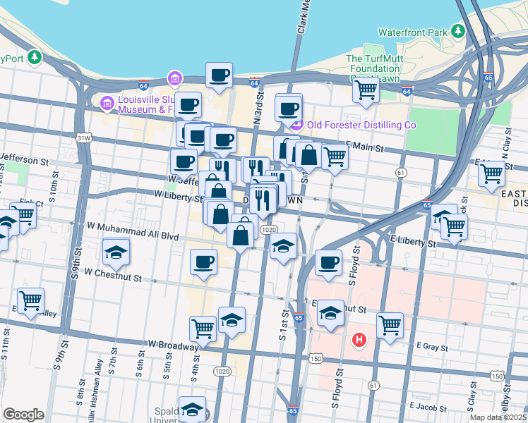 map of restaurants, bars, coffee shops, grocery stores, and more near 280 West Jefferson Street in Louisville