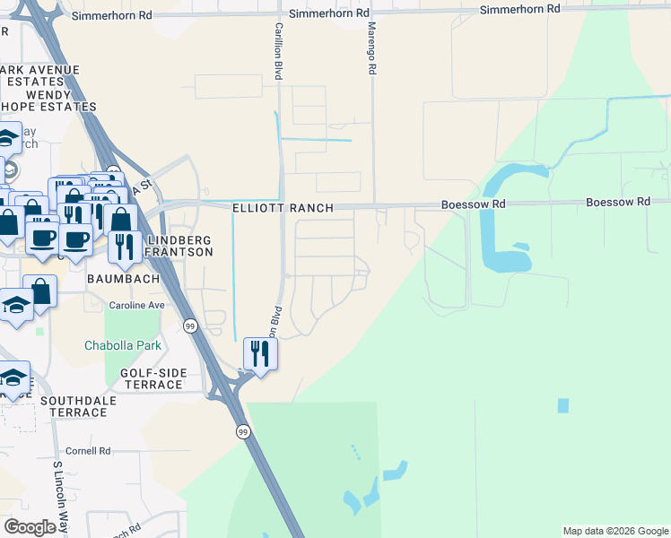 map of restaurants, bars, coffee shops, grocery stores, and more near 10850 Boessow Road in Galt