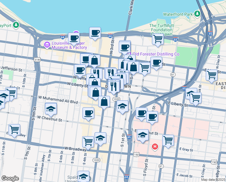 map of restaurants, bars, coffee shops, grocery stores, and more near 200 West Liberty Street in Louisville