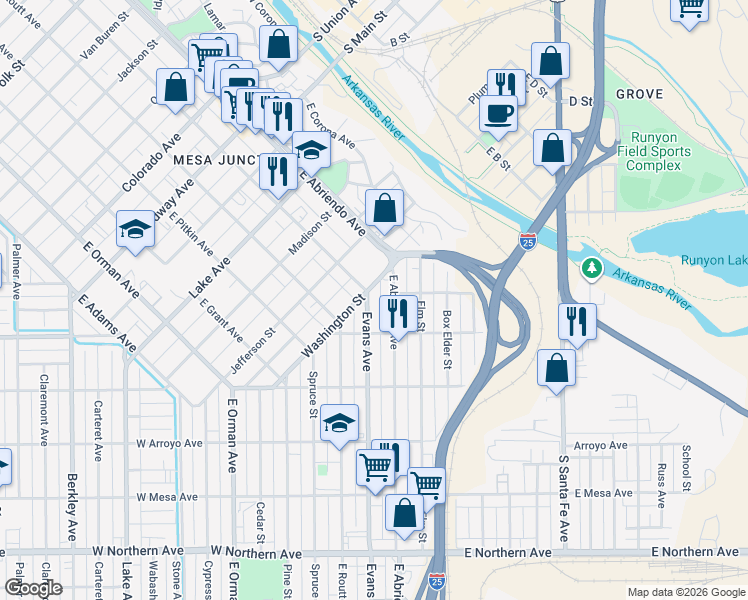 map of restaurants, bars, coffee shops, grocery stores, and more near 114 Washington Street in Pueblo