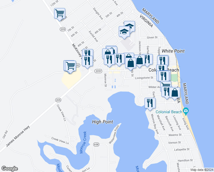 map of restaurants, bars, coffee shops, grocery stores, and more near 213 Monroe Street in Colonial Beach