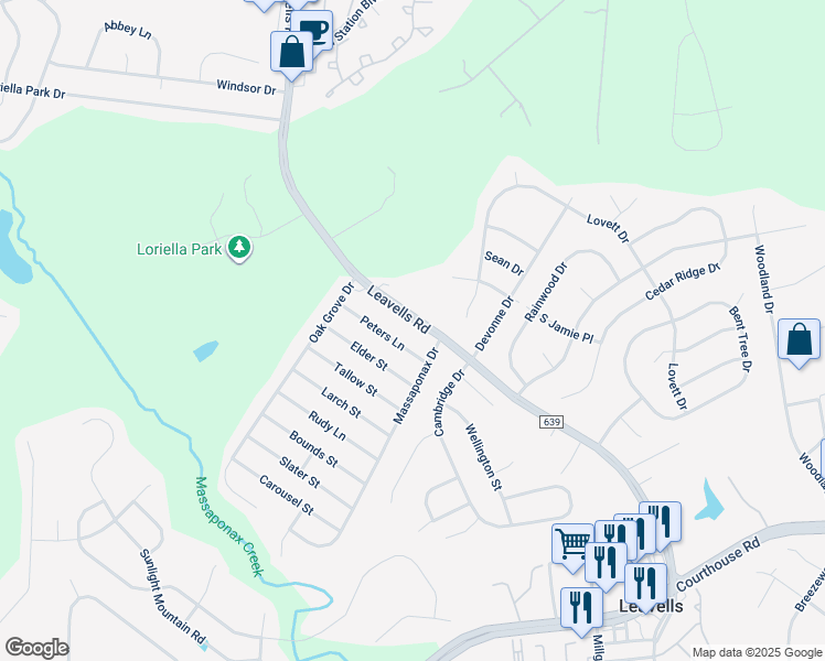 map of restaurants, bars, coffee shops, grocery stores, and more near 10812 Leavells Road in Fredericksburg