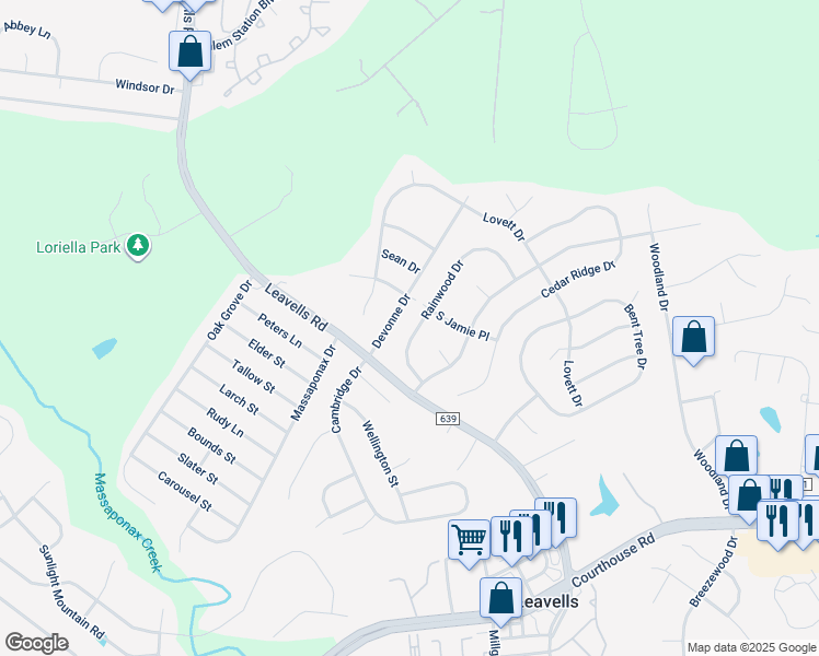 map of restaurants, bars, coffee shops, grocery stores, and more near 5505 Rainwood Drive in Fredericksburg