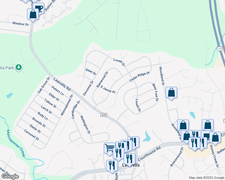 map of restaurants, bars, coffee shops, grocery stores, and more near 5418 Leavells Crossing Drive in Fredericksburg