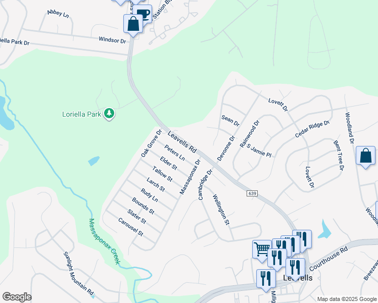 map of restaurants, bars, coffee shops, grocery stores, and more near 10812 Leavells Road in Fredericksburg