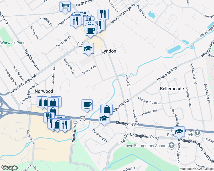 map of restaurants, bars, coffee shops, grocery stores, and more near 324 Wood Road in Louisville