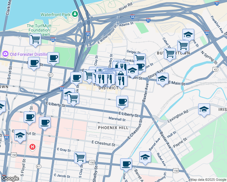 map of restaurants, bars, coffee shops, grocery stores, and more near 822 East Market Street in Louisville