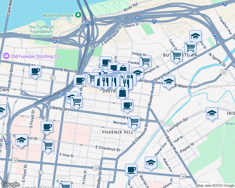 map of restaurants, bars, coffee shops, grocery stores, and more near 822 East Market Street in Louisville