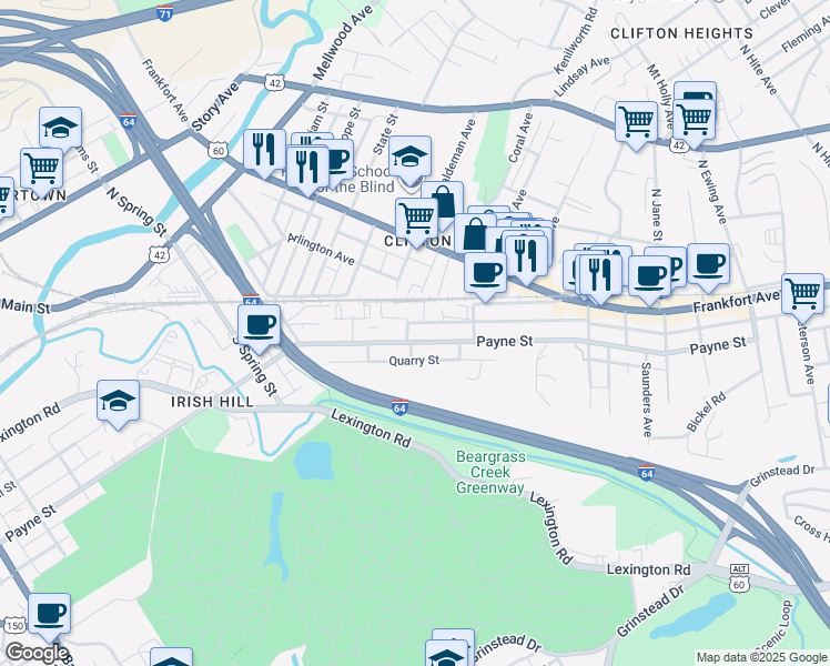 map of restaurants, bars, coffee shops, grocery stores, and more near 1907 Payne Street in Louisville