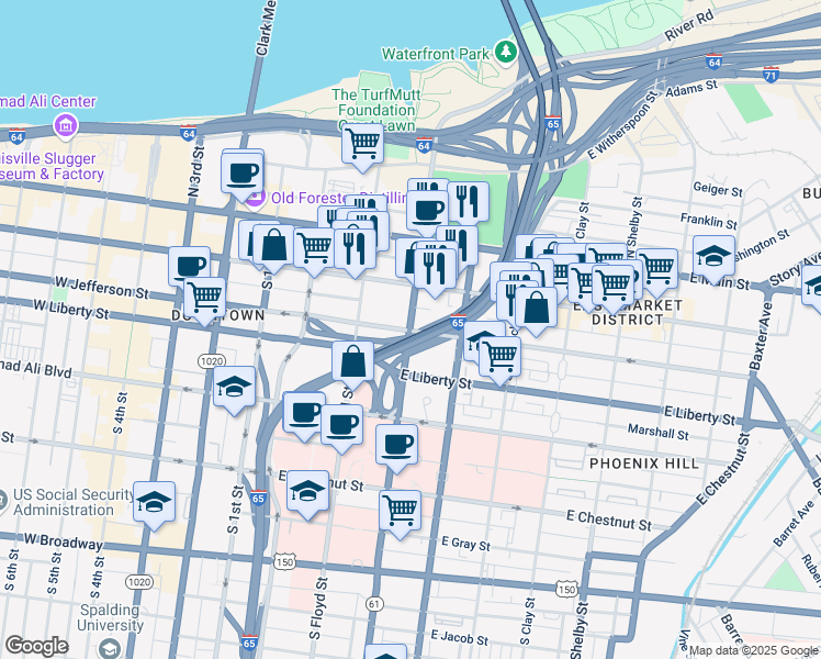 map of restaurants, bars, coffee shops, grocery stores, and more near 401 East Jefferson Street in Louisville