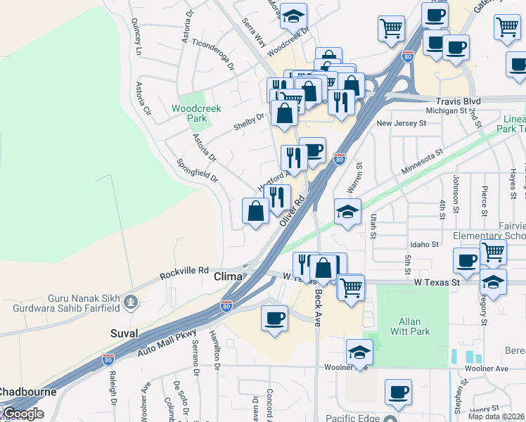 map of restaurants, bars, coffee shops, grocery stores, and more near 3323 Hartford Avenue in Fairfield