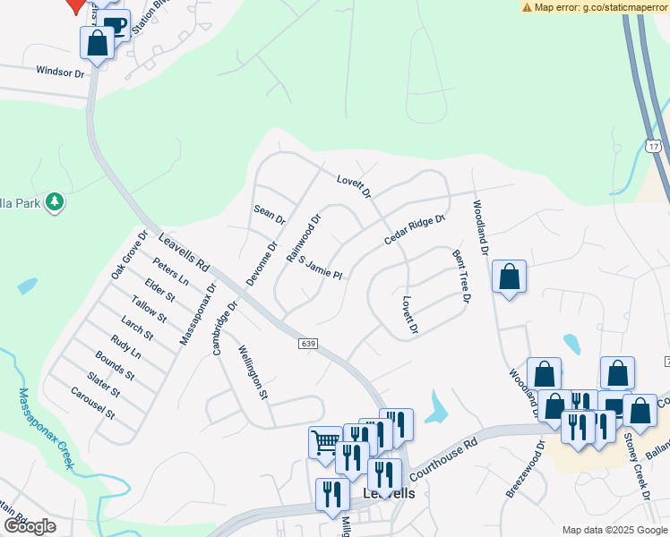 map of restaurants, bars, coffee shops, grocery stores, and more near 5418 Leavells Crossing Drive in Fredericksburg