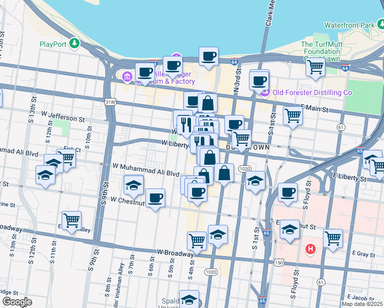 map of restaurants, bars, coffee shops, grocery stores, and more near in Louisville