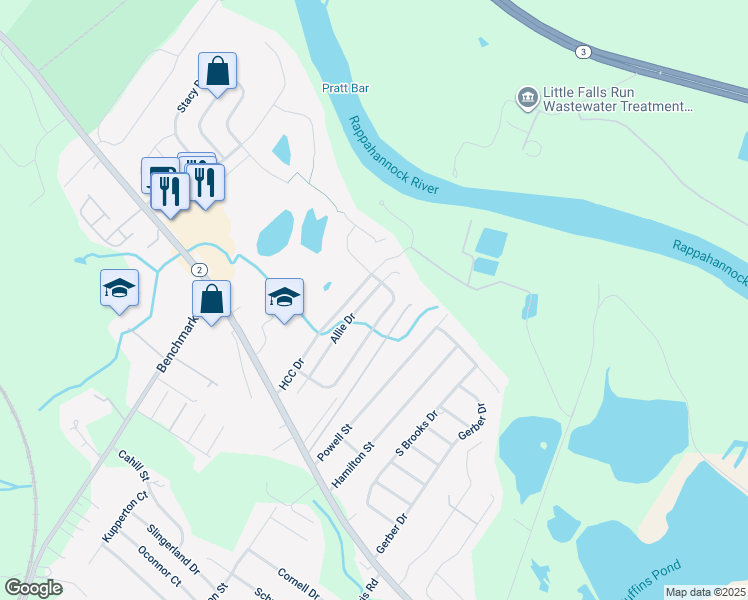 map of restaurants, bars, coffee shops, grocery stores, and more near 10733 Allie Drive in Fredericksburg