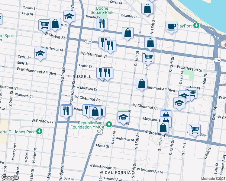 map of restaurants, bars, coffee shops, grocery stores, and more near 515 South 18th Street in Louisville