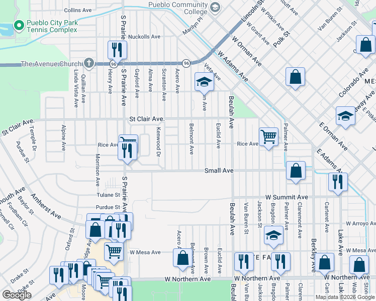 map of restaurants, bars, coffee shops, grocery stores, and more near 2308 Rice Ave in Pueblo