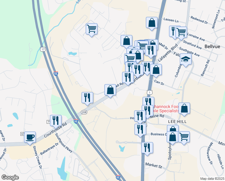 map of restaurants, bars, coffee shops, grocery stores, and more near 10816 Courthouse Road in Fredericksburg