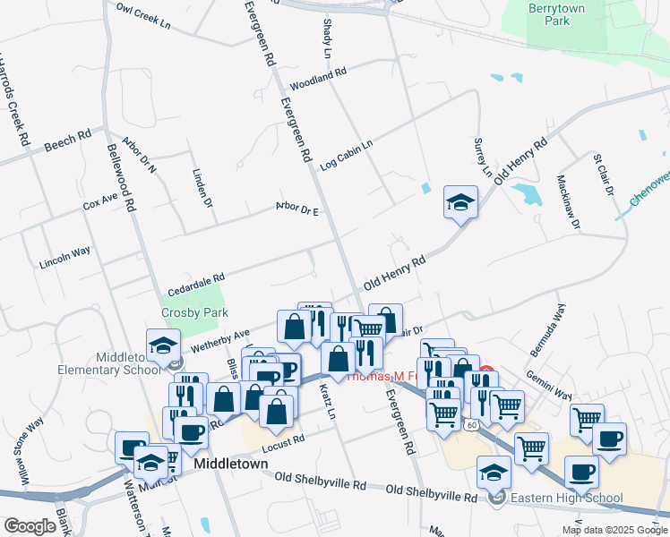 map of restaurants, bars, coffee shops, grocery stores, and more near 725 Winding Oaks Trail in Louisville