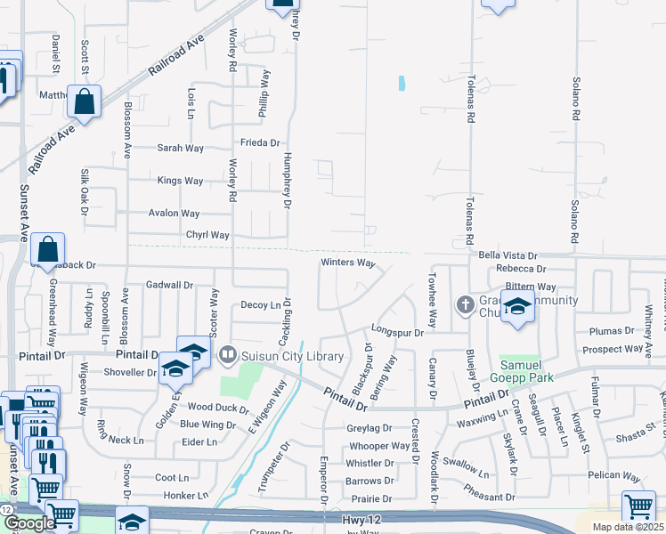 map of restaurants, bars, coffee shops, grocery stores, and more near 1008 Winters Way in Suisun City