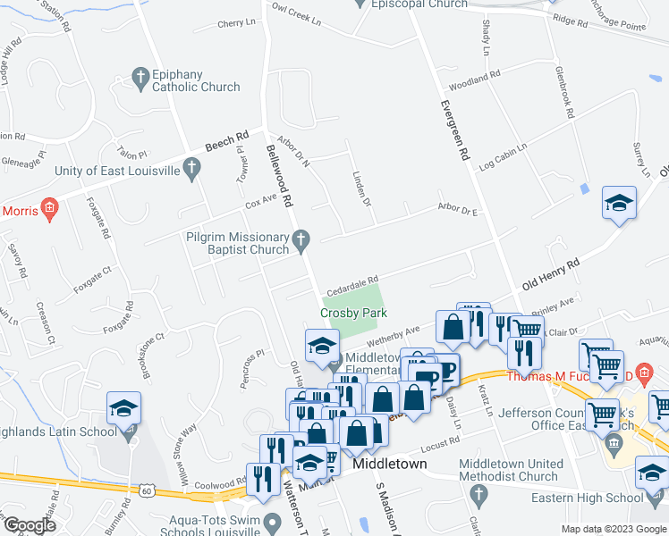 map of restaurants, bars, coffee shops, grocery stores, and more near 11511 Cedardale Road in Louisville