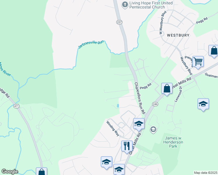 map of restaurants, bars, coffee shops, grocery stores, and more near 45725 Shady Cedar Lane in Great Mills