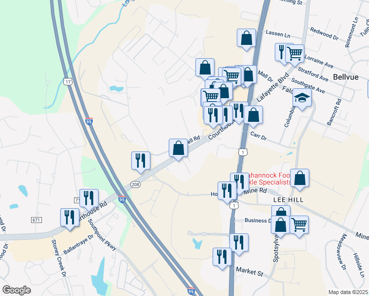 map of restaurants, bars, coffee shops, grocery stores, and more near 10816 Courthouse Road in Fredericksburg