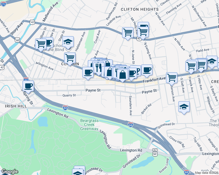 map of restaurants, bars, coffee shops, grocery stores, and more near 2117 Payne Street in Louisville
