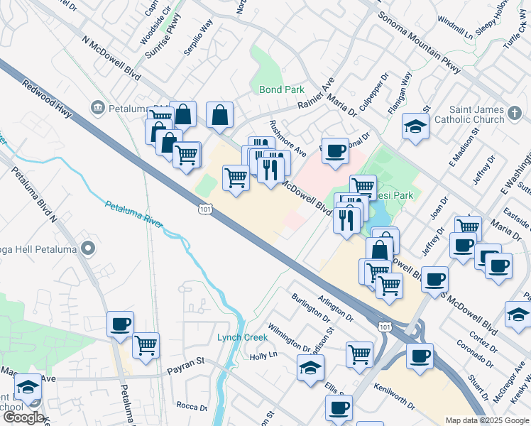 map of restaurants, bars, coffee shops, grocery stores, and more near 429 North McDowell Boulevard in Petaluma