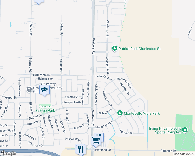 map of restaurants, bars, coffee shops, grocery stores, and more near 1506 Bella Vista Drive in Suisun City