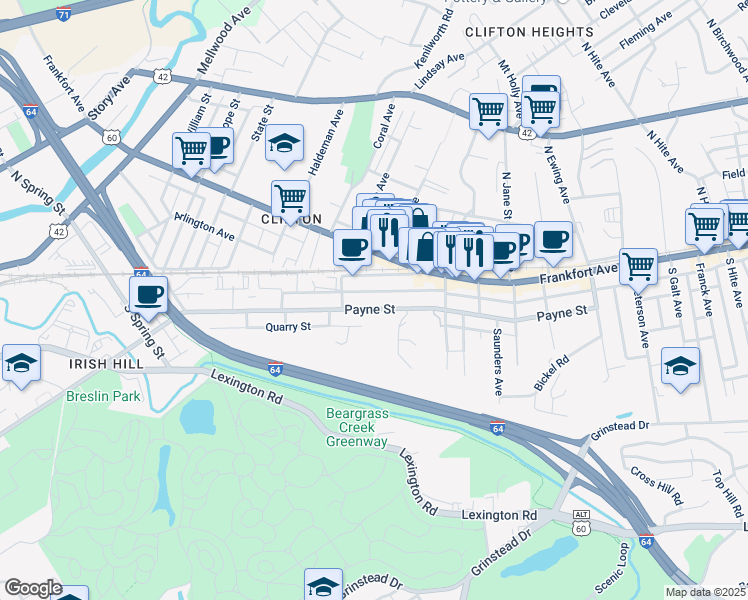 map of restaurants, bars, coffee shops, grocery stores, and more near 2015 Payne Street in Louisville