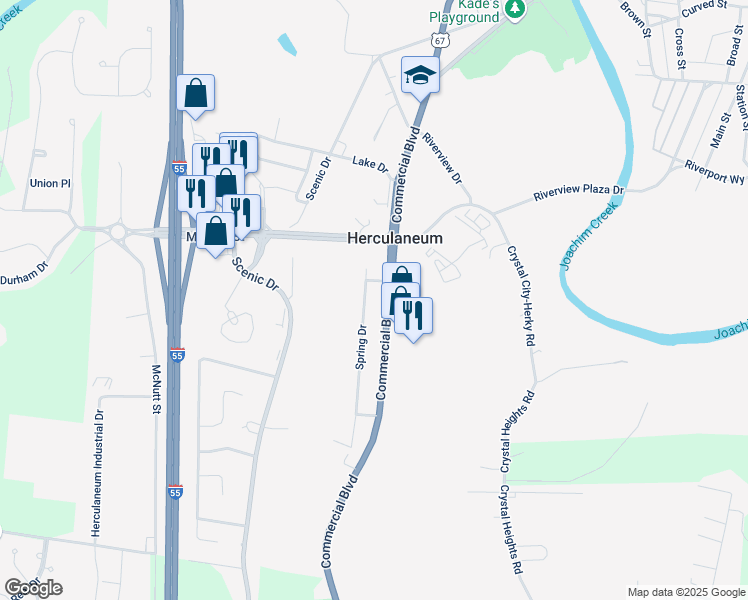 map of restaurants, bars, coffee shops, grocery stores, and more near 1274 Spring Drive in Herculaneum