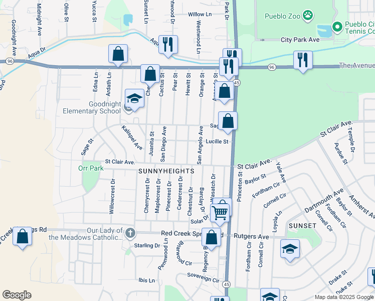 map of restaurants, bars, coffee shops, grocery stores, and more near 814 Santa Barbara Ave in Pueblo
