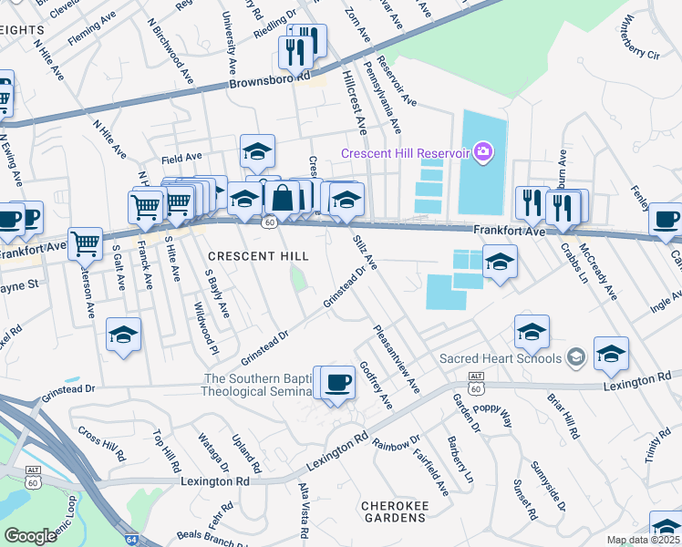 map of restaurants, bars, coffee shops, grocery stores, and more near 301 Crescent Court in Louisville