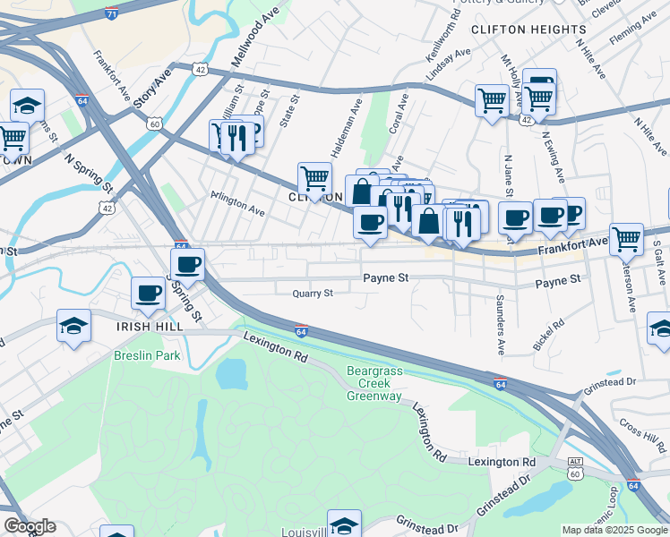 map of restaurants, bars, coffee shops, grocery stores, and more near 1941 Payne Street in Louisville
