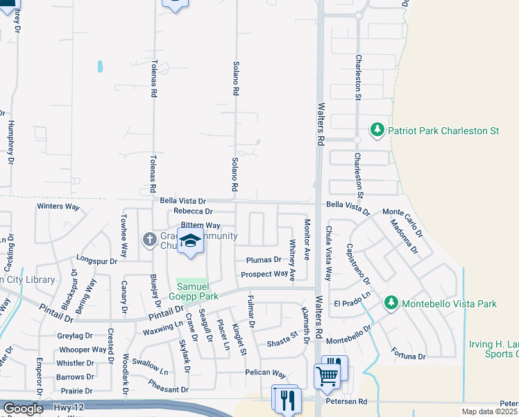 map of restaurants, bars, coffee shops, grocery stores, and more near 824 Tulare Circle in Suisun City