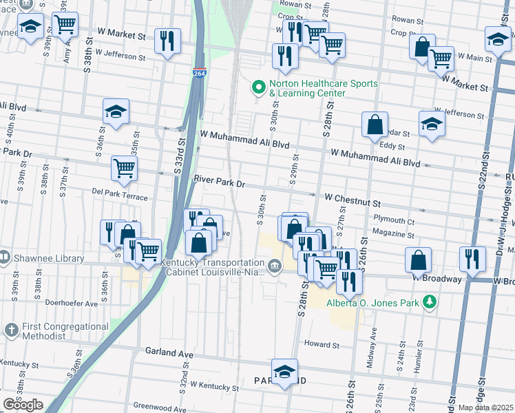 map of restaurants, bars, coffee shops, grocery stores, and more near 3001 Magazine Street in Louisville