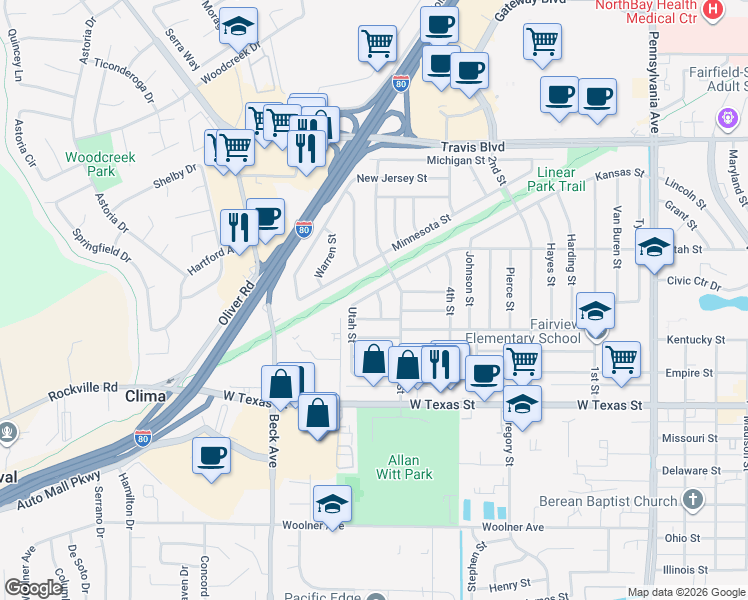 map of restaurants, bars, coffee shops, grocery stores, and more near 919 Hoover Street in Fairfield