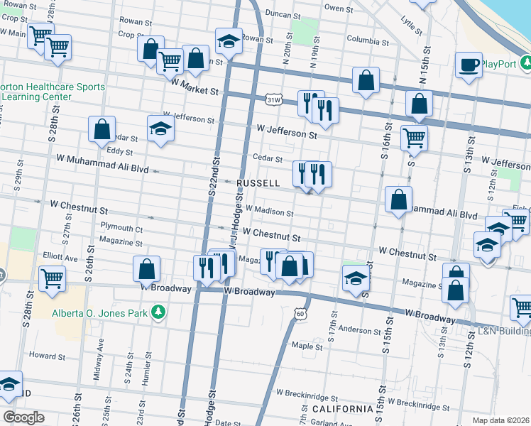 map of restaurants, bars, coffee shops, grocery stores, and more near 1921 West Madison Street in Louisville