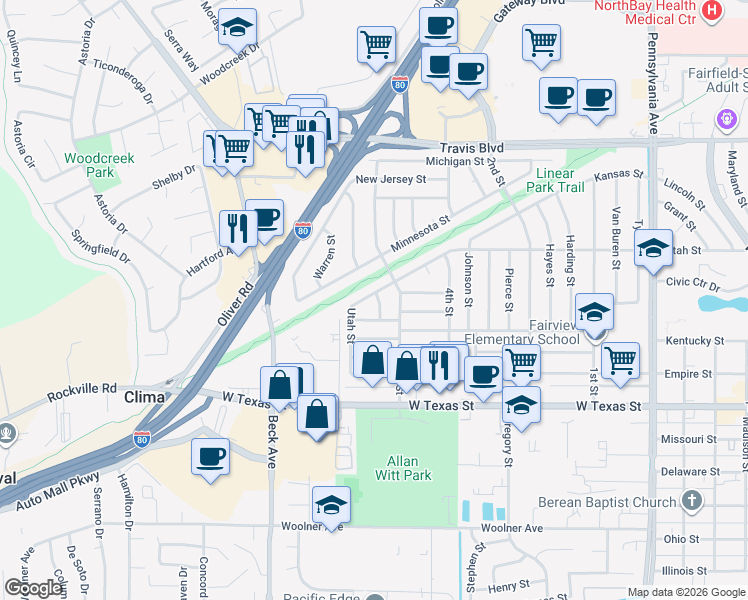 map of restaurants, bars, coffee shops, grocery stores, and more near 919 Hoover Street in Fairfield
