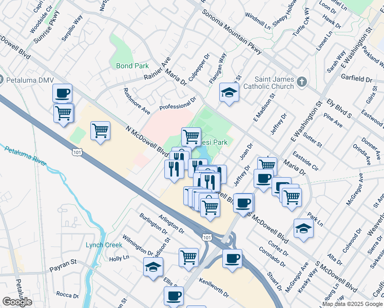 map of restaurants, bars, coffee shops, grocery stores, and more near 320 North McDowell Boulevard in Petaluma
